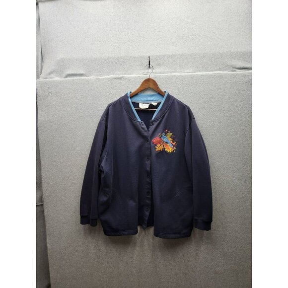 Lauren Brooke Plus Navy Blue Button-Up Cardigan Sweater With Embroidered Butterf - Picture 1 of 4